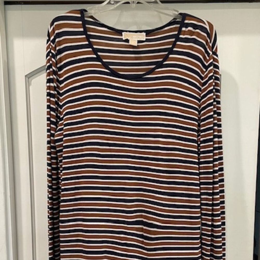 Michael Kors Dress Woman's S Brown Blk  White Striped Midi Long Sleeves T Shirt